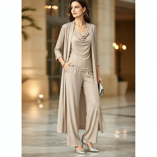 Long sleeved swing collar top long cardigan jacket long pants three piece set