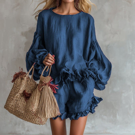 Loose-fitting Lantern-Sleeve Top And Shorts Two-Piece Set For Women