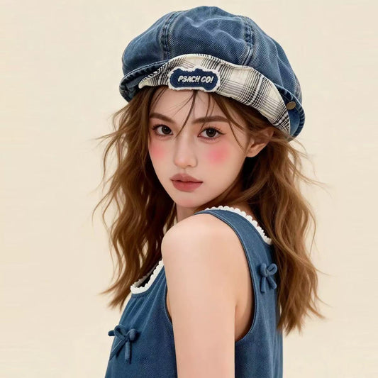 Double-brimmed, Turned-up Brim Denim Beret