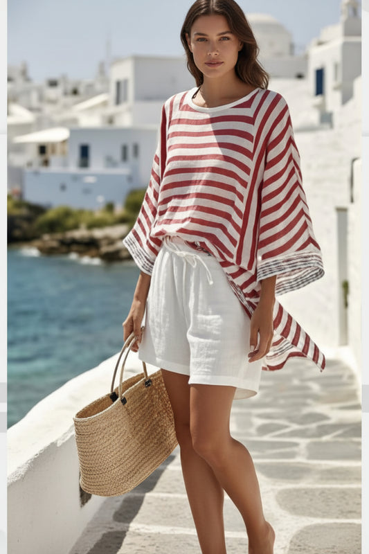 Japanese-style Vertical Stripe Ramie Bamboo Fiber Top Womens Set