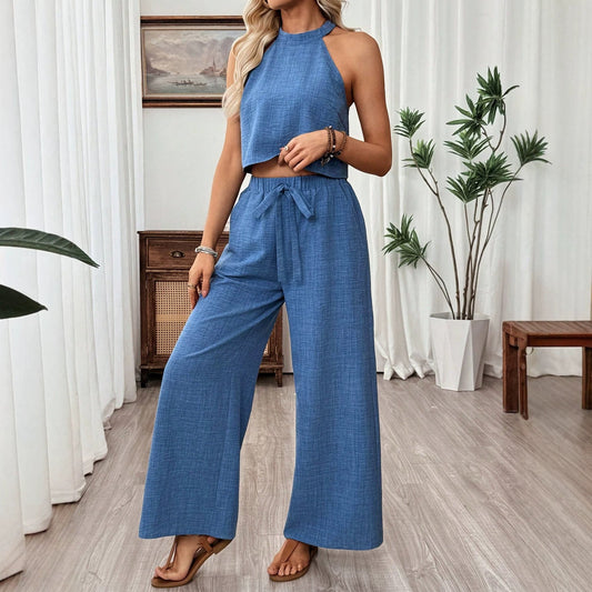 Neck-hanging Sleeveless Cropped Top And Wide-leg Pants Set