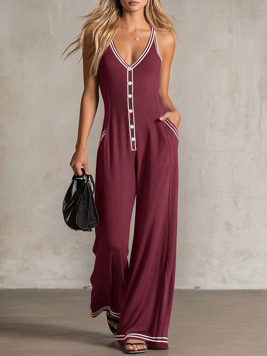 Womens V-Neck Casual Loose Backless Wide-Leg Jumpsuit