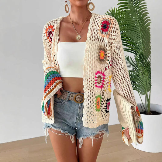 Hand-crocheted Floral Sweater With Random Color Blocks