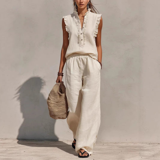 Sleeveless Ruffled V-neck Top And Elastic-waist Wide-leg Pants
