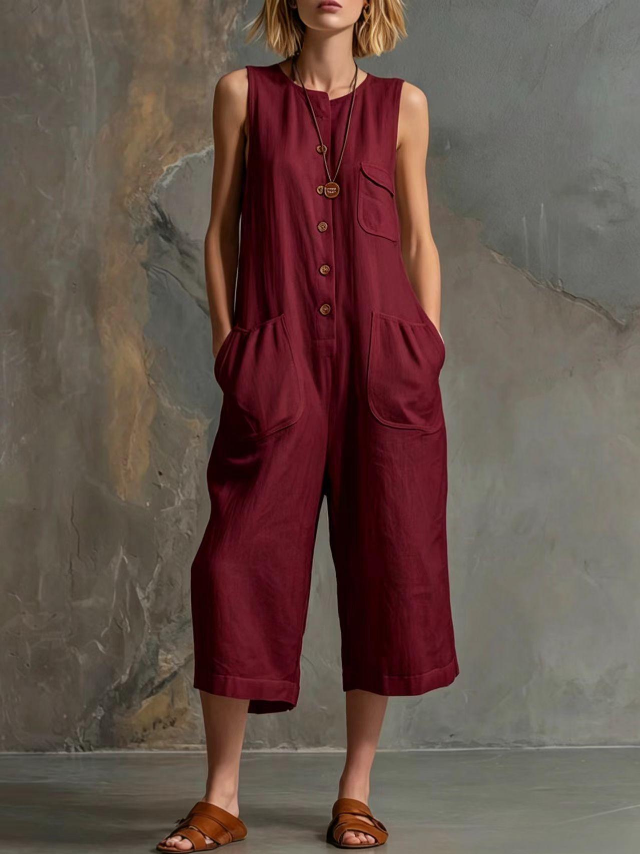 Retro Sleeveless Cotton-Linen Wide-Leg Cropped Jumpsuit