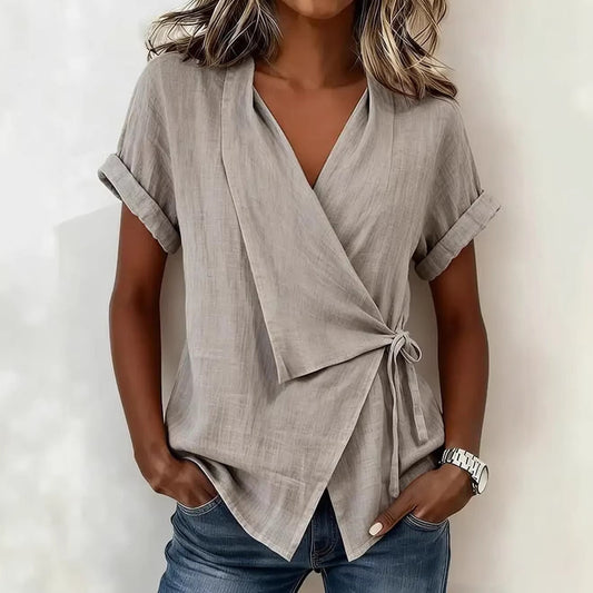 Women's Casual Lapel Collar Lace-Up Short-Sleeve Top