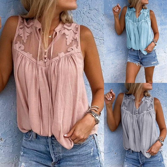 Chiffon Patchwork Lace V-Neck Sleeveless Shirt