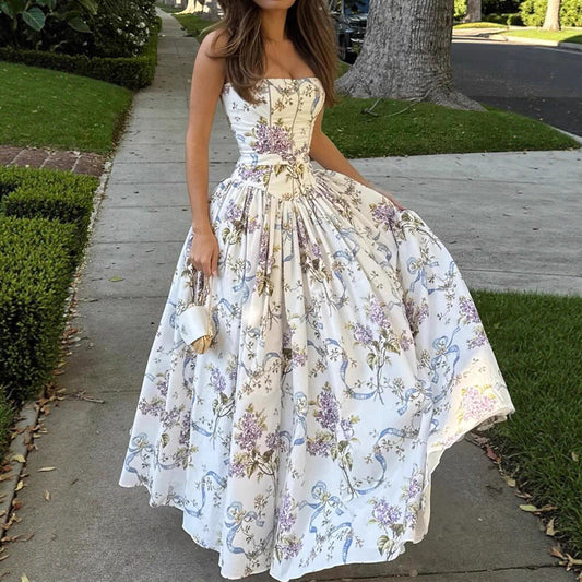 Sexy Printed Strapless Dress Summer Fitted Backless Long Dress Elegant High-End Style Beautiful Summer Dress