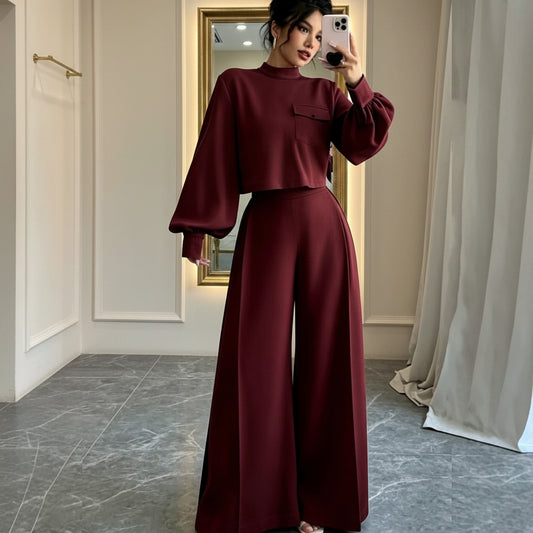 Solid color wide leg pants set for women