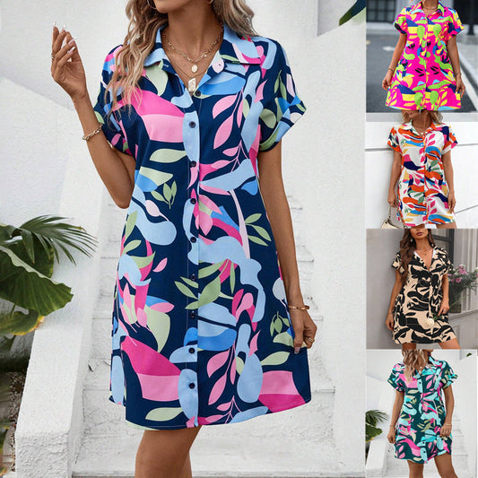 Summer New Fashion Colorful Floral Printed Open Front Short Sleeve Shirt Dress