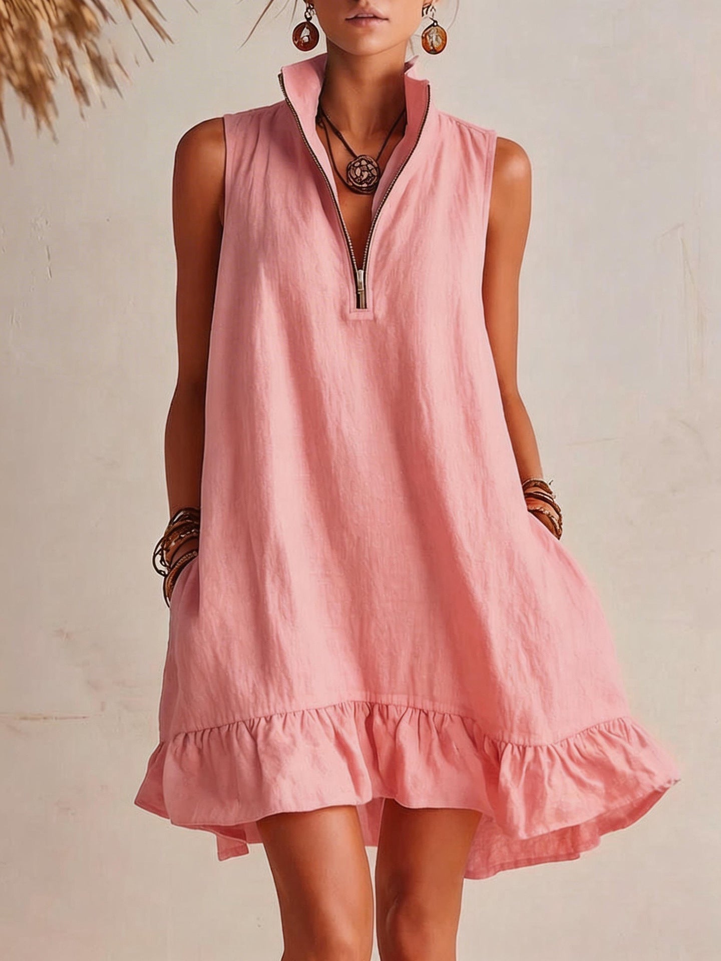 New Stylish Casual Loose Half-Zip Sleeveless Dress With Ruffle Hem