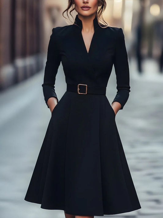 Solid Color Waist V-Neck Long Sleeve Swing Dress, Women's Autumn Winter Dress
