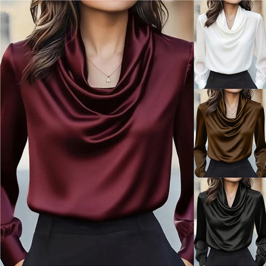 Women's Elegant Draped Neck Blouse, Solid Color Ruffle Detail Long Sleeve Shirt For Office And Formal Wear CJ US
