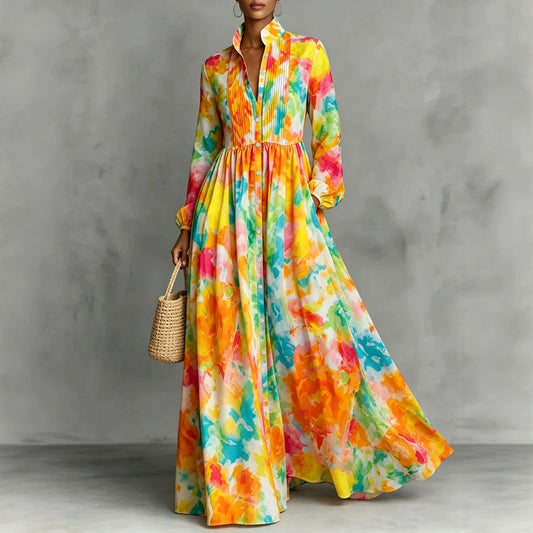 New Style Shirt Dress with Floral Digital Printing Long Dress