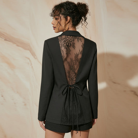New high-end back thin lace see through strap waist cinching suit jacket women's black suit jacket