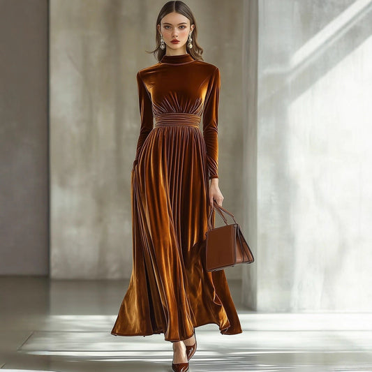 Women's New Autumn/Winter Velvet Long Sleeve Dress, Waist-Cinching Slimming Elegant Maxi Skirt, Graceful Style