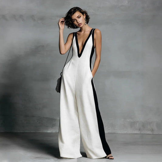 Fashion Color-block Sleeveless V-neck Wide-leg Jumpsuit for Women