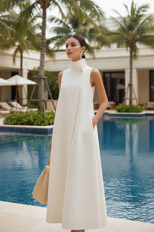 Elegant Sleeveless Long Dress with Stand Collar and Single Button Office Wear, Casual Fashion