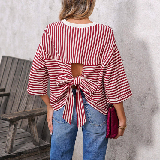 Round neck striped back tie bow pullover top