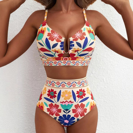 Floral Print High-Waisted U-Line Bikini Set Swimwear for Women