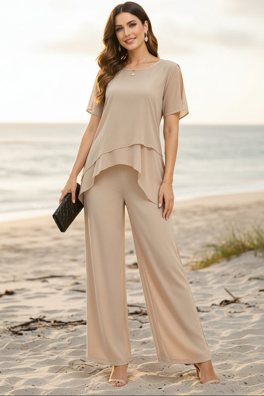 Irregular top wide leg long pants two-piece set
