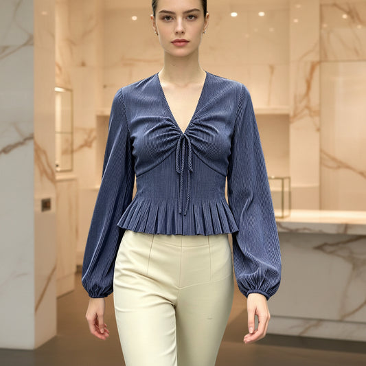Stripe Blouse for Women V-Neck Ruffle Bow Puff Sleeve Elegant Date Top