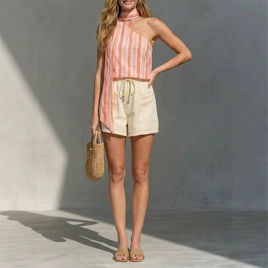Single shoulder striped printed top Bohemian casual