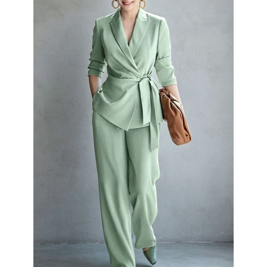 Women's casual solid color suit lace up top and pants two-piece set