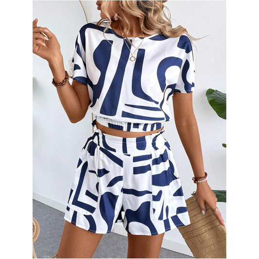 Printed Casual Set Loose Round Neck Short Sleeve Shorts Two-Piece Set