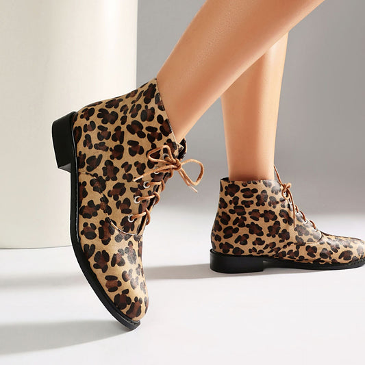 Autumn/winter casual low heel leopard print extra large size lace-up low-cut Martin boots Made to order, ships in 7 days