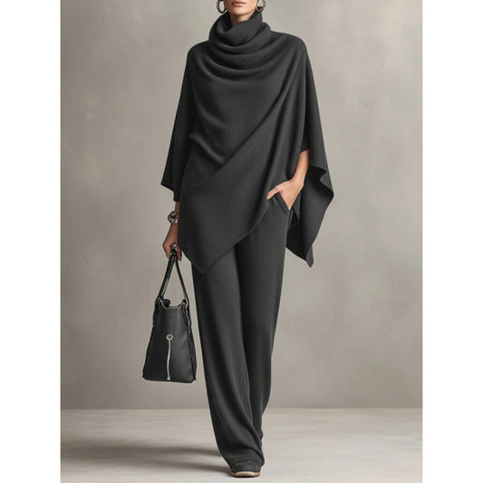 Autumn and Winter German Velvet Pile Collar Cloak Top+Wide Leg Pants Two Piece Set