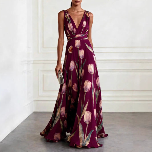 Elegant Tulip Print Evening Dress for Women Sleeveless V-Neck Chiffon Long Dress