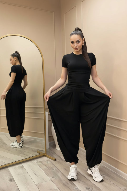 Style summer short sleeve T-shirt wide-leg pants casual elegant women's set