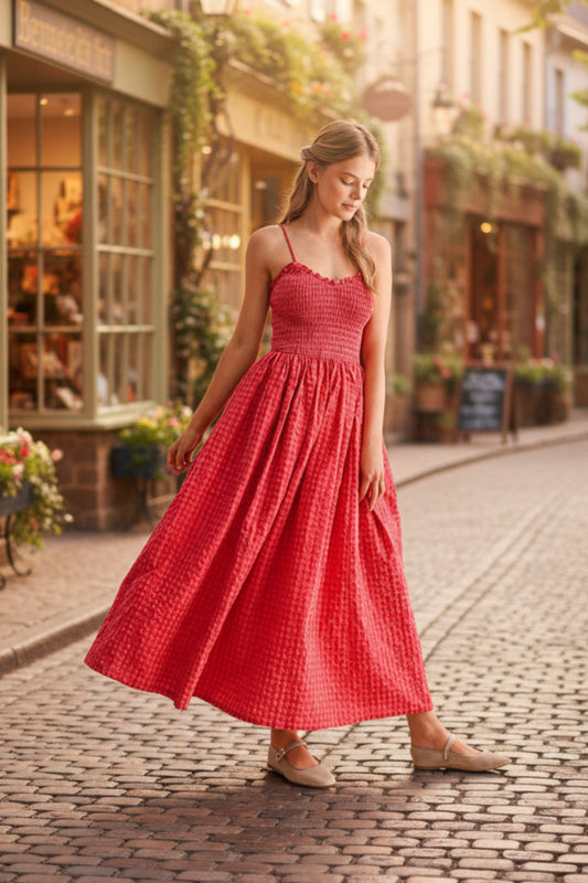 Summer Strap Retro Plaid A-line Slimming Dress for Women with Waist