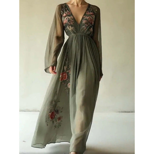 Printed long sleeved long collar dress long skirt