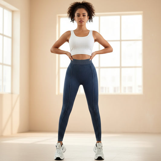 Back V Waist Peach Butt Sand Wash Yoga Pants for Women, Ribbed High Waist Lift-Up Fitness Tights