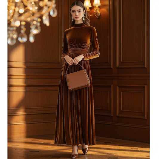Women's New Autumn/Winter Velvet Long Sleeve Dress, Waist-Cinching Slimming Elegant Maxi Skirt, Graceful Style
