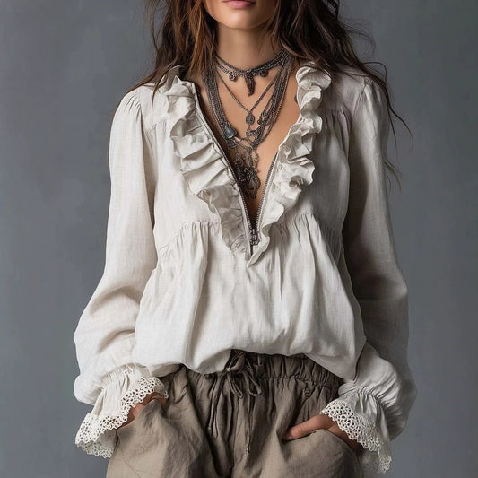 Lotus leaf edge half zipper V-neck lace flared sleeve long sleeved top