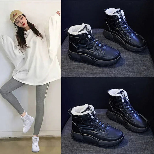 Snow Boots Women Non-slip Sneakers Winter Warm Fashion Lace Up Round Toe Thick Sole Plush Sport Cotton Shoes Short Boots