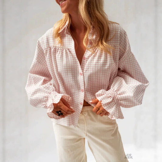 Style new women's flared sleeve plaid long sleeve shirt