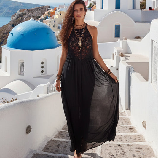 Style Black Lace Trim Sleeveless Long Dress Loose Vacation Style Maxi Dress Lace Dress