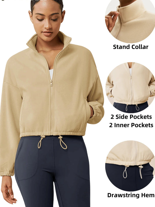 TACVASEN Winter Fleece Cropped Jackets Womens Fashion Stand Collar Casual Outwear Tops Lightweight Warm Outdoor 4 Pockets Coats