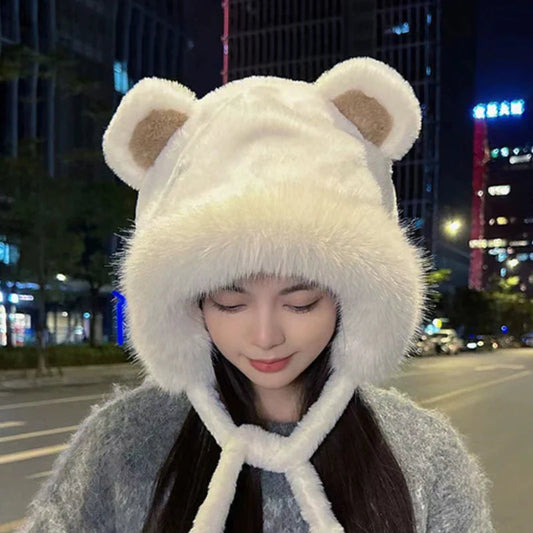 Cute Furry Fox Fur Bear Ear Hat Looks Small Two-piece Hood Scarf Set Autumn And Winter Cycling Warm And Versatile Ear Protection