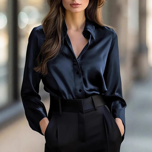 2025 Spring and Autumn Women's Lapel Shirt Brown Button Cardigan Top Black Elegant Fashion Office Basic Blouses for Female