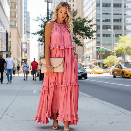 Elegant Women's Apricot Ruffle Edge Long Mop Floor Dresses Summer Fashion Hanging Neck Sleeveless Lace Cake Dress vestiods S-3XL FitiqueFit