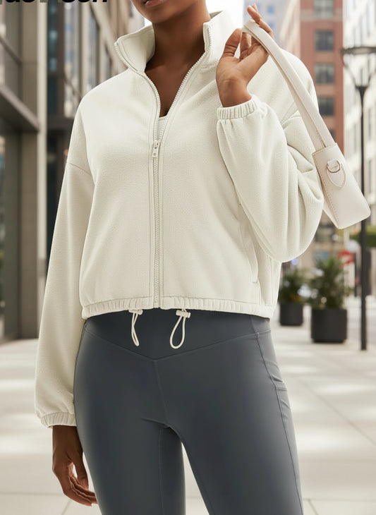 TACVASEN Winter Fleece Cropped Jackets Womens Fashion Stand Collar Casual Outwear Tops Lightweight Warm Outdoor 4 Pockets Coats