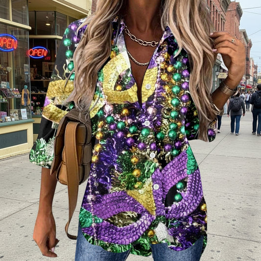 🎭 Mardi Gras Women's V-Neck Long Sleeve Carnival Print Shirt FitiqueFit