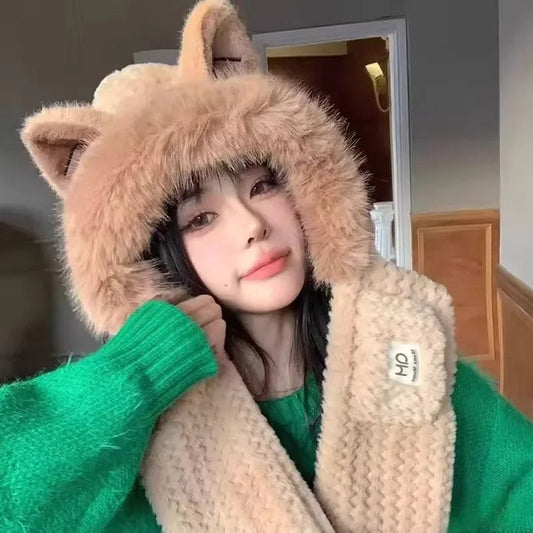 Korean Knitted Cute Fox Ear Design Integrated Bean Hat Women's Scarf Hat Warm Thick Ear Protection Photography Travel Party Gift