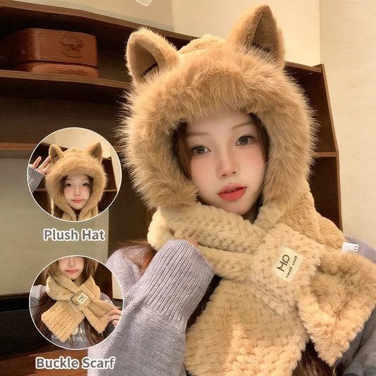 Korean Knitted Cute Fox Ear Design Integrated Bean Hat Women's Scarf Hat Warm Thick Ear Protection Photography Travel Party Gift