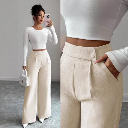 Womens Solid-color Casual All-match Long Pants With A Waist Panel Seam